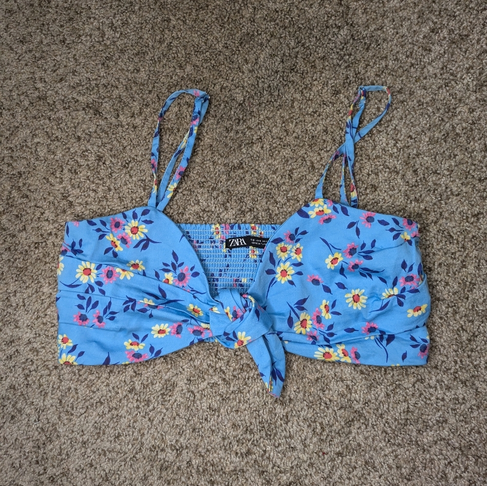Zara Sky Blue Daisy Print Front Knot Crop Top Size Small Adjustable Straps Sz S
